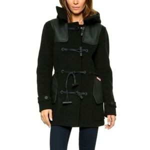 Hunter Wool Belted Duffle Coat Women's Sz S Black Hooded